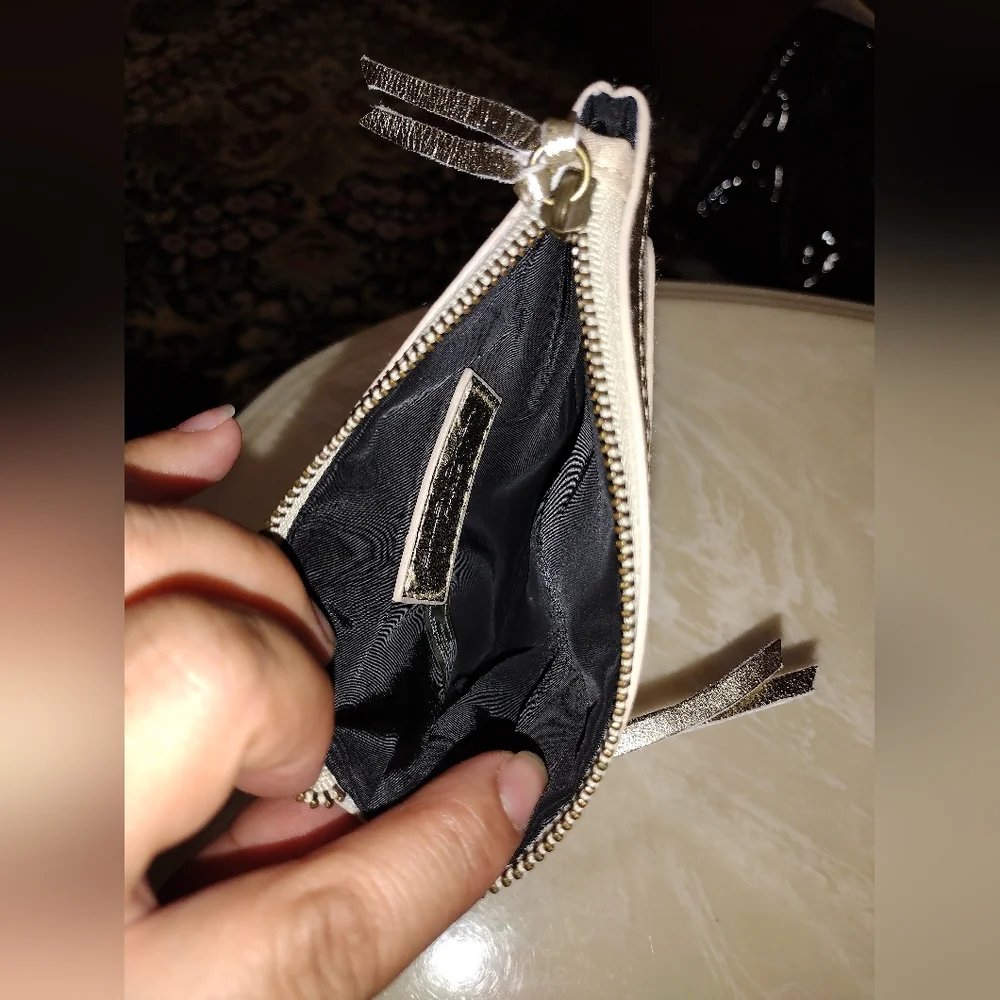Balenciaga Paris Gold Leather Trim Card Coin Zip Holder